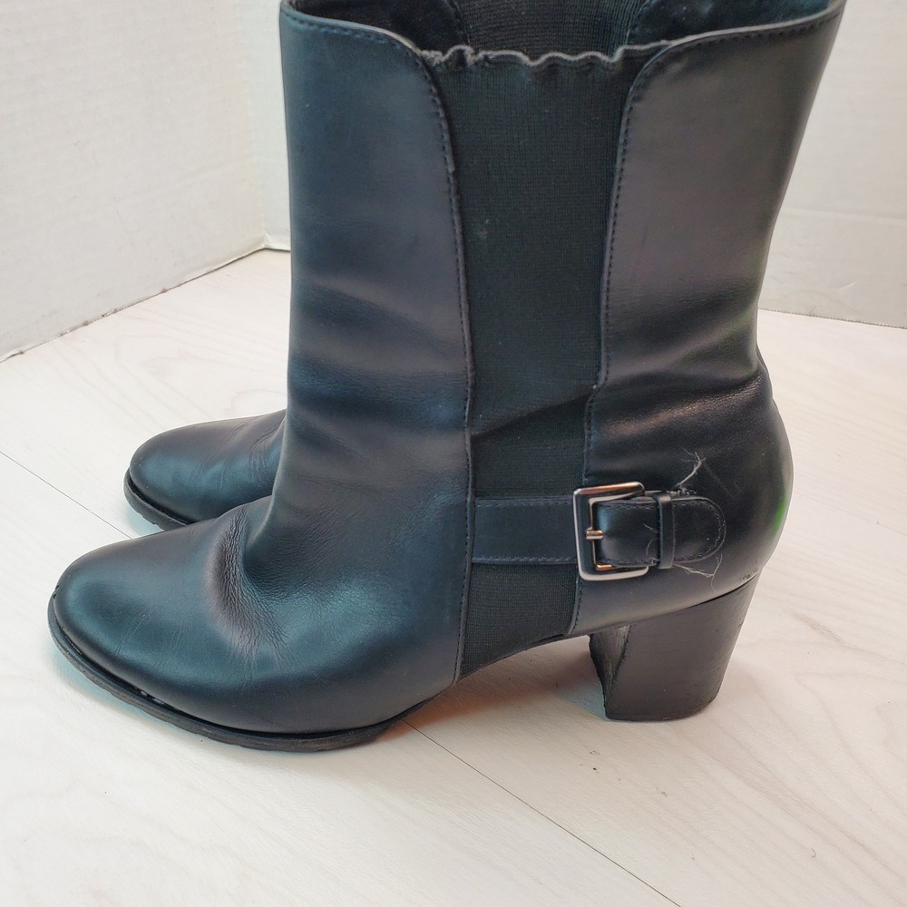 Cole Haan Black Leather Ankle Boots Buckle‎ Elastic Side Block Heel 9.5B - Picture 2 of 16